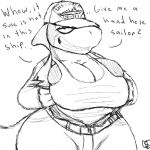  2019 big_breasts black_and_white breasts cleavage clothed clothing dialogue english_text female fish helen_sack_(savagelyrandom) huge_breasts marine monochrome navy savagelyrandom shark shirt solo tank_top text 