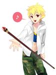  bad_id bad_pixiv_id blonde_hair child_gilgamesh eighth_note fate/hollow_ataraxia fate_(series) gem gilgamesh hood hoodie male_focus midriff musical_note red_eyes saifu_(sisutakh) shorts solo speech_bubble spoken_musical_note staff younger 