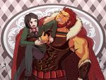  argyle argyle_background armor bad_id bad_pixiv_id bangs beard black_eyes black_hair bob_cut brown_eyes cape daru_sim facial_hair fate/zero fate_(series) male_focus multiple_boys necktie parted_bangs red_hair rider_(fate/zero) waver_velvet 