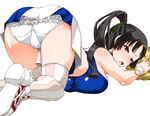  akiyama_mio all_fours ass bare_shoulders bent_over black_eyes black_hair breasts cheerleader frills from_behind k-on! large_breasts long_hair midriff open_mouth panties pom_poms ponytail round_teeth shinama simple_background solo striped striped_legwear teeth thighhighs top-down_bottom-up underwear vertical-striped_legwear vertical_stripes white_background white_panties 
