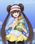  2girls brown_hair double_bun eena female_protagonist_(pokemon_bw2) flower green_eyes highres lilligant mei_(pokemon) multiple_girls plant plant_girl pokemon pokemon_(game) pokemon_bw2 smile 