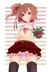  belt black_legwear brown_hair flat_chest frog hair_ribbon hand_puppet highres looking_at_viewer meile midriff momoiro_taisen_pairon navel original plaid plaid_skirt puppet red_eyes ribbon short_hair side_ponytail skirt smile solo striped striped_background thighhighs 