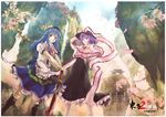  absurdres blue_hair blush boots brown_eyes buta_(jason13dead) chain floating flower food frills fruit hat hat_ribbon highres hinanawi_tenshi long_hair multiple_girls nagae_iku peach petals purple_hair ribbon shawl short_hair skirt smile sword sword_of_hisou touhou water waterfall weapon 