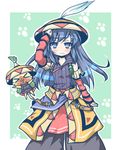  &gt;_&lt; blue_eyes blue_hair cat closed_eyes detached_sleeves felyne hat long_hair monster_hunter monster_hunter_portable_3rd neko_yume scroll yukumo_(armor) 