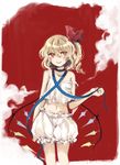  1girl :p blonde_hair bloomers camisole flandre_scarlet hair_ribbon midriff navel red_eyes ribbon shiina_aya solo strap_slip tongue tongue_out touhou underwear underwear_only white_bloomers wings 