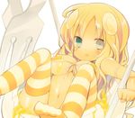  bikini blonde_hair blush breasts cleavage covered_nipples egg food fork green_eyes lying navel on_back open_mouth original personification petite small_breasts solo striped striped_legwear swimsuit thighhighs underboob wet yellow_skin yuzuki_gao 