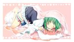  dakimakura_(object) garters green_hair onozuka_komachi pillow ribbon shiki_eiki short_hair shouko_(airen) skirt sleeping solo touhou 