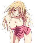  bare_shoulders blonde_hair blush breasts brown_eyes cleavage downblouse hand_on_hip highres kikurage_(plastic_people) large_breasts leaning_forward long_hair looking_at_viewer minami_wakana naked_towel orange_eyes sketch smile solo towel white_background zutto_tsukushite_ageru_no! 