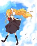  air blonde_hair closed_eyes cloud condensation_trail day kamio_misuzu lens_flare long_hair nayu_(rhododendron) outstretched_arms ponytail school_uniform solo spread_arms sunlight 
