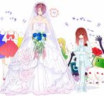  2girls bad_id bad_pixiv_id bangs bare_shoulders blonde_hair blue_flower blue_rose blunt_bangs bouquet brown_hair crossdressing dress flower formal garry_(ib) hair_over_one_eye ib ib_(ib) long_hair mary_(ib) multiple_girls necktie pants purple_hair red_eyes rose short_hair suit wedding wedding_dress 