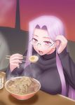  blush bowl breast_rest breasts chopsticks eating egg fate/stay_night fate_(series) glasses highres large_breasts long_hair long_sleeves open_mouth purple_eyes purple_hair rider siseru_samurai solo steam sweater 