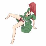  arm_support bare_legs barefoot bow bow_panties breasts cleavage full_body hong_meiling long_hair looking_away medium_breasts meile open_clothes open_shirt panties red_hair red_panties shirt simple_background sitting solo spread_legs touhou underwear white_background 