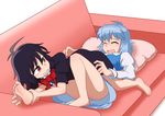  ahoge barefoot bed black_hair blue_hair blush bow closed_eyes convenient_leg dress feet foot_tickling grin houjuu_nue iromeki_overdrive lying multiple_girls no_panties pillow red_eyes short_hair skirt smile soles sweat tatara_kogasa tickling toe_scrunch toenails toes touhou yuri 