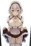  1girl anchor azur_lane bangs blush breasts choker cleavage hair_between_eyes hairband highres kaetzchen lace-trimmed_hairband large_breasts looking_at_viewer open_mouth puffy_sleeves red_eyes short_hair short_sleeves sidelocks simple_background sirius_(azur_lane) skirt skirt_lift solo thighhighs white_hair white_legwear 