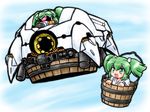  apsalus blue_sky bucket cannon crossover flying green_eyes green_hair gundam gundam_08th_ms_team hair_bobbles hair_ornament in_bucket in_container japanese_clothes kimono kisume mayohi_neko mecha mechanization military military_vehicle open_mouth red_eyes sd_gundam sky smile solo touhou twintails vehicle wooden_bucket yukata 