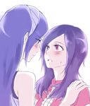  aono_miki bad_id bad_pixiv_id blush eye_contact eyelashes fresh_precure! hairband hands_on_shoulders higashi_setsuna imminent_kiss long_hair looking_at_another multiple_girls negom pink_eyes precure purple_hair simple_background yuri 