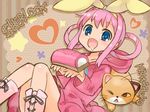  blue_eyes cat drooling food hair_rings heart kamaboko kamaboko_(milky_holmes) kamaboko_red open_mouth pink_hair pun saliva sherlock_shellingford solo tantei_opera_milky_holmes wince 