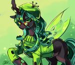  changeling chrysalis clohed clothing equine eyewear fangs female feral friendship_is_magic glasses gradient_background green_eyes green_hair hair horn looking_at_viewer mammal my_little_pony queen_chrysalis_(mlp) solo soukitsubasa sweater wings 