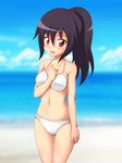  beach bikini black_hair highres looking_at_viewer ponytail red_eyes reiji_(sister_quest) sister_quest solo swimsuit takappe 