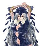  arms_up beads bird_hat breasts feathers fishnets lips long_hair mayumio88 medium_breasts navel reki-dama silver_hair solo very_long_hair white_background yellow_eyes 
