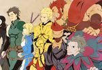  6+boys armor artoria_pendragon_(all) assassin_(fate/zero) bad_id bad_pixiv_id beard berserker_(fate/zero) blonde_hair cape caster_(fate/zero) dress earrings facial_hair fate/zero fate_(series) flat_color full_armor gilgamesh helmet isshoku_(shiki) jewelry knight lancer_(fate/zero) multiple_boys polearm red_hair rider_(fate/zero) saber spear weapon 