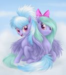  blue_hair bow cloud cloud_chaser_(mlp) equine female feral flitter_(mlp) friendship_is_magic hair horse looking_at_viewer mammal mn27 my_little_pony pegasus pony sitting sky smile wings 
