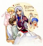  3boys age_regression animal_costume baby bed blonde_hair blue_hair brown_eyes brown_hair bunny_costume caren_hortensia child child_gilgamesh diaper fate/hollow_ataraxia fate/stay_night fate_(series) gilgamesh hood kotomine_kirei lancer long_hair multiple_boys pajamas ponytail rakuko red_eyes silver_hair traditional_media watercolor_(medium) yellow_eyes younger 