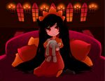  ashley_(warioware) black_hair candle candlelight couch dress long_hair pillow rani red_eyes sitting solo stuffed_animal stuffed_toy twintails very_long_hair warioware wariza window 
