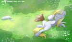  blonde_hair derpy_hooves_(mlp) english_text equine eyes_closed female feral flower friendship_is_magic grass hair horse madmax mammal my_little_pony pegasus pony rock shadow sleeping solo text wings 