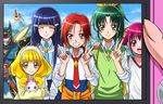  aoki_reika bandai_namco blonde_hair blue_eyes blue_hair blush bow camera candy_(smile_precure!) company_connection crossover double_v eyelashes green_eyes green_hair hairband highres hino_akane_(smile_precure!) hoshizora_miyuki kamen_rider kamen_rider_fourze kamen_rider_fourze_(series) kise_yayoi long_hair mahkn midorikawa_nao multiple_girls nanairogaoka_middle_school_uniform necktie origami_cyclone pink_bow pink_eyes pink_hair precure red_eyes red_hair rocket school_uniform short_hair sleeves_rolled_up smile smile_precure! sweater_vest tiger_&amp;_bunny v viewfinder white_hairband yellow_eyes 