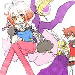  1girl 2boys asbel_lhant blonde_hair blue_eyes breasts cape cosplay harold_berselius judas kyle_dunamis lowres mask midriff multicolored_hair multiple_boys navel orange_eyes pascal red_hair richard_(tales_of_graces) staff tales_of_(series) tales_of_destiny_2 tales_of_graces thighhighs tora_kaede yellow_eyes 