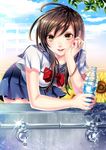  bad_id bad_pixiv_id bent_over bottle bracelet breasts brown_eyes brown_hair faucet flower jewelry looking_at_viewer matsurika_youko original pleated_skirt school_uniform skirt small_breasts smile solo sunflower water water_bottle 