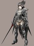  armor black_hair brown_background cherokee_(1021tonii) copyright_request full_body gauntlets long_hair pointy_ears red_eyes simple_background solo standing sword very_long_hair weapon 