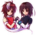  2boys bare_shoulders black_hair brothers caius_qualls gloves lukius_bridges multicolored_hair multiple_boys red_eyes scarf siblings smile tales_of_(series) tales_of_the_tempest 
