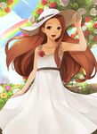  :d armpits bare_shoulders blue_sky blurry brown_eyes brown_hair day depth_of_field dress flower hand_on_headwear hat highres hitoto idolmaster idolmaster_(classic) long_dress long_hair looking_at_viewer minase_iori open_mouth rainbow sky smile solo sparkle sun_hat white_dress 
