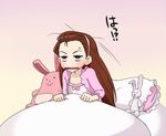  bed blanket blush brown_eyes brown_hair hairband idolmaster idolmaster_(classic) long_hair minase_iori open_mouth pillow solo stuffed_animal stuffed_bunny stuffed_toy sweatdrop waking_up wata_do_chinkuru 