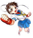  blue_sailor_collar brown_eyes brown_hair fingerless_gloves foreshortening gloves headband kasugano_sakura midriff neckerchief onsoku_maru open_mouth punching sailor_collar school_uniform serafuku shoes short_hair simple_background skirt sneakers socks solo street_fighter street_fighter_iv_(series) street_fighter_zero_(series) white_background 