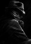  expressionless fedora gloves greyscale hat liz_(tk) looking_away male_focus mask monochrome rain rorschach signature solo trench_coat watchmen 