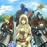  3boys armor axe back blonde_hair blue_eyes blush chair cloud cross crossed_arms dark_souls day dress flower full_armor gloves hand_on_own_chest helmet holding hood looking_at_viewer mountain multiple_boys nico_of_thorolund one_eye_closed outdoors petals petrus_of_thorolund polearm rhea_of_thorolund robe sekumaltuo shield short_hair sitting skirt sky smile souls_(from_software) tree vince_of_thorolund weapon 