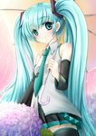  aqua_eyes aqua_hair bad_id bad_pixiv_id bare_shoulders blush body_blush chize detached_sleeves flower hatsune_miku hydrangea long_hair looking_at_viewer musical_note necktie rain skirt smile solo thighhighs transparent transparent_umbrella twintails umbrella very_long_hair vocaloid 