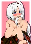  areola_slip areolae bad_id bad_pixiv_id bare_shoulders blue_eyes blush breasts cleavage fuantei hair_bobbles hair_ornament large_breasts long_hair nipples no_bra off_shoulder ponytail shinki solo touhou touhou_(pc-98) white_hair 