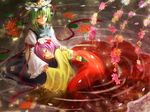  arm_ribbon bad_id bad_pixiv_id closed_eyes flower green_hair hair_flower hair_ornament hat hat_ribbon hieda_no_akyuu lap_pillow long_sleeves multiple_girls petals purple_hair ribbon sash shiki_eiki shirt short_hair side_slit sitting skirt smile spider_lily touhou urabe_michiru water wide_sleeves 