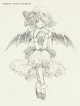  bat_wings bobby_socks graphite_(medium) groin looking_at_viewer monochrome remilia_scarlet short_hair sitting smile socks solo sugi touhou traditional_media wings 