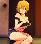  apron blush breasts cleavage cutoffs denim denim_shorts highres infinote long_legs looking_at_viewer medium_breasts orange_hair sankarea saouji_ranko short_hair shorts sitting solo strap_slip sweat tatami tears torn_clothes wavy_mouth yellow_eyes yokozuwari 