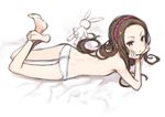  back barefoot bed_sheet brown_eyes brown_hair chin_rest crossed_legs feet flat_chest full_body hairband idolmaster idolmaster_(classic) idolmaster_2 kuroboshi_kouhaku legs_up long_hair lowleg lowleg_panties lying minase_iori on_stomach panties sketch soles solo stuffed_animal stuffed_bunny stuffed_toy topless underwear underwear_only white_background white_panties 