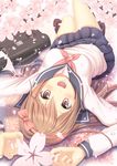  arms_up bag blush brown_eyes brown_hair cherry_blossoms fuyu_urara hairband long_hair looking_at_viewer lying on_back open_mouth original school_bag school_uniform skirt smile solo upside-down 