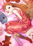  boots brown_hair dress hairband highres idolmaster idolmaster_(classic) inu_(aerodog) long_hair looking_at_viewer lying minase_iori on_side one_eye_closed red_eyes smile solo stuffed_animal stuffed_bunny stuffed_toy 