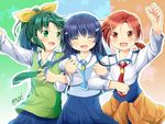  :d ^_^ aoki_reika arm_up blue_hair blue_neckwear closed_eyes clothes_around_waist double_arm_hug girl_sandwich gleision_adain green_eyes green_hair green_neckwear hair_ornament hairclip hino_akane_(smile_precure!) locked_arms long_hair midorikawa_nao multiple_girls nanairogaoka_middle_school_uniform necktie open_mouth ponytail precure red_eyes red_hair sandwiched school_uniform short_hair sleeves_rolled_up smile smile_precure! sweater sweater_around_waist 