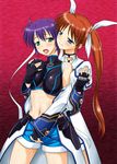  bad_id bad_pixiv_id blue_eyes blush breasts covered_nipples fingerless_gloves gloves green_eyes hair_ribbon halter_top halterneck headband highres kakitsubata_tsukune large_breasts lyrical_nanoha mahou_shoujo_lyrical_nanoha_strikers midriff multiple_girls naughty_face navel open_mouth orange_hair purple_hair pussy_juice ribbon saliva saliva_trail short_hair short_shorts shorts smile subaru_nakajima takamachi_nanoha tongue tongue_out twintails yuri 