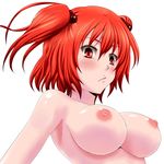  blush breasts hair_bobbles hair_ornament highres large_breasts nipples nude onozuka_komachi red_eyes red_hair short_hair simple_background solo touhou two_side_up upper_body watarui white_background 